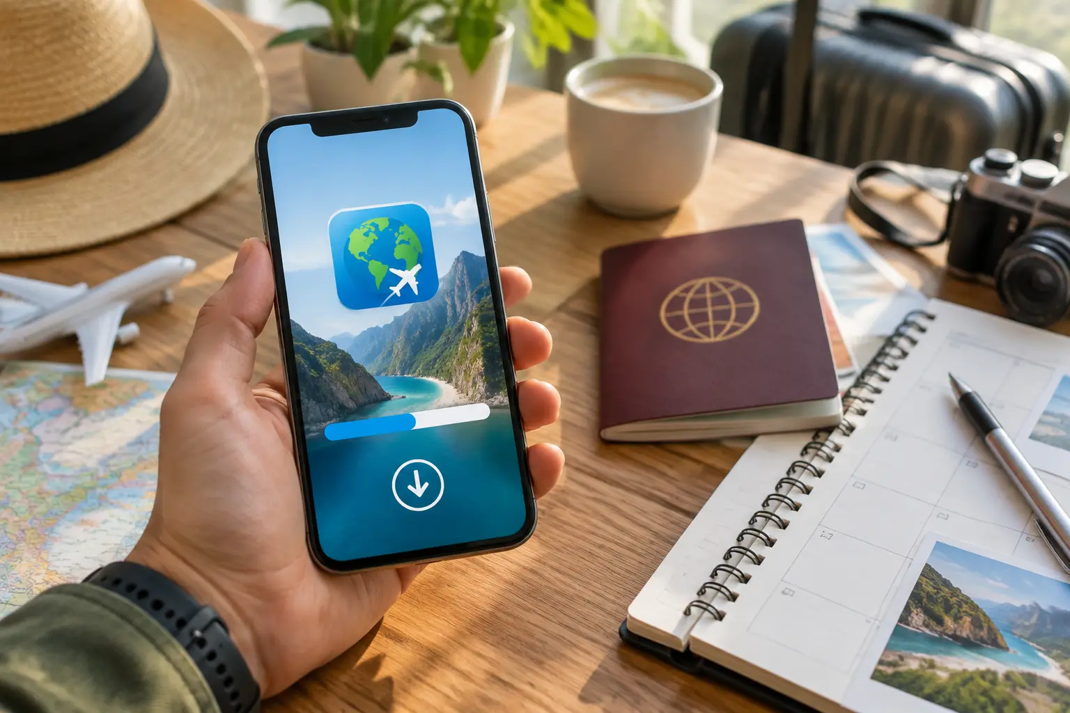Смартфон в руке показывает экран загрузки туристического приложения Tripscan, рядом на столе лежат загранпаспорт и блокнот с датами поездки.