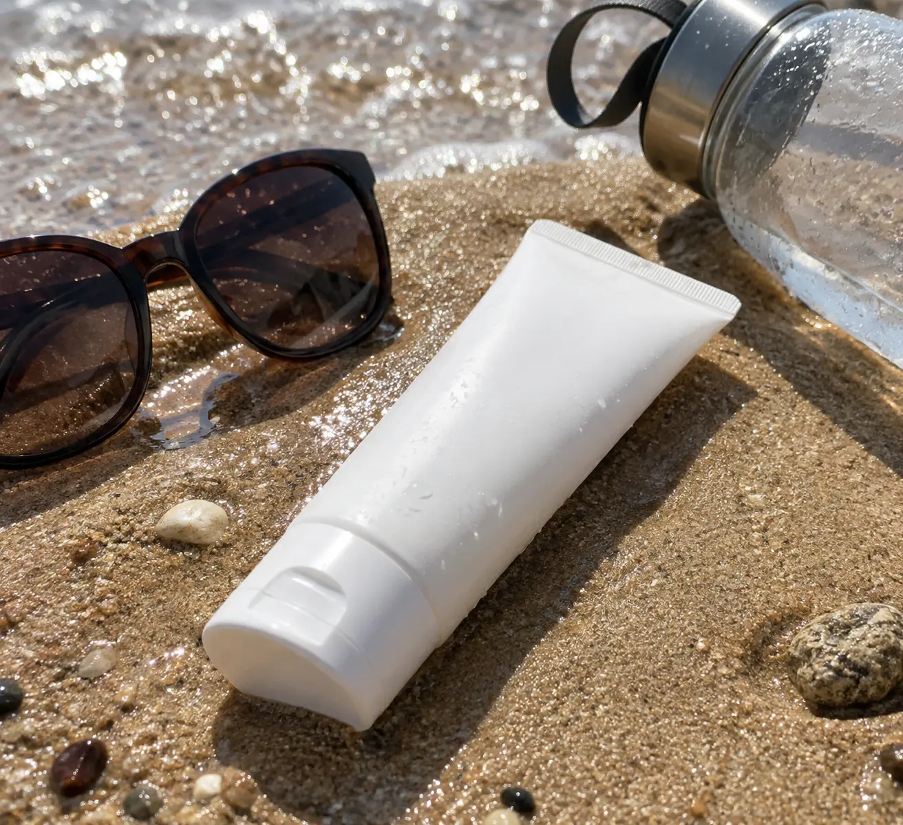 Тюбик солнцезащитного крема SPF 50 лежит на мокром песке пляжа рядом с солнечными очками и бутылкой воды в полдень на Кипре.