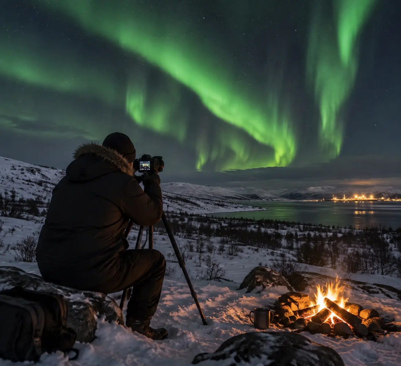 Фотограф в термокуртке снимает северное сияние над заснеженной тундрой под Мурманском в декабре, рядом штатив и тлеющий костёр