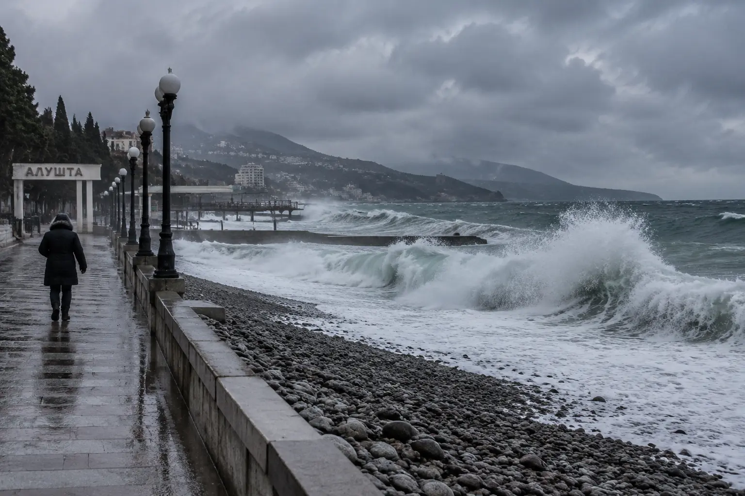 Каменный пляж у Алушты в феврале: штормовые волны, серое небо и одинокий прохожий в тёплой куртке на пустой набережной у моря