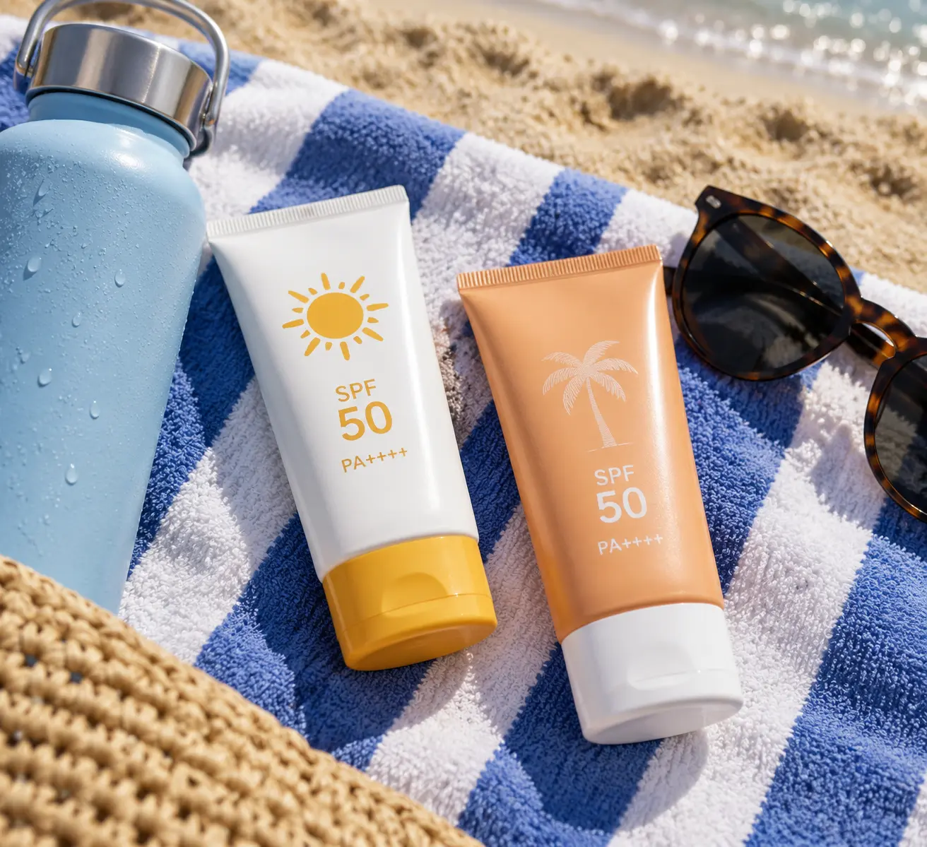 Два тюбика солнцезащитного крема с маркировкой SPF 50 и PA++++ лежат на пляжном полотенце рядом с бутылкой воды и очками