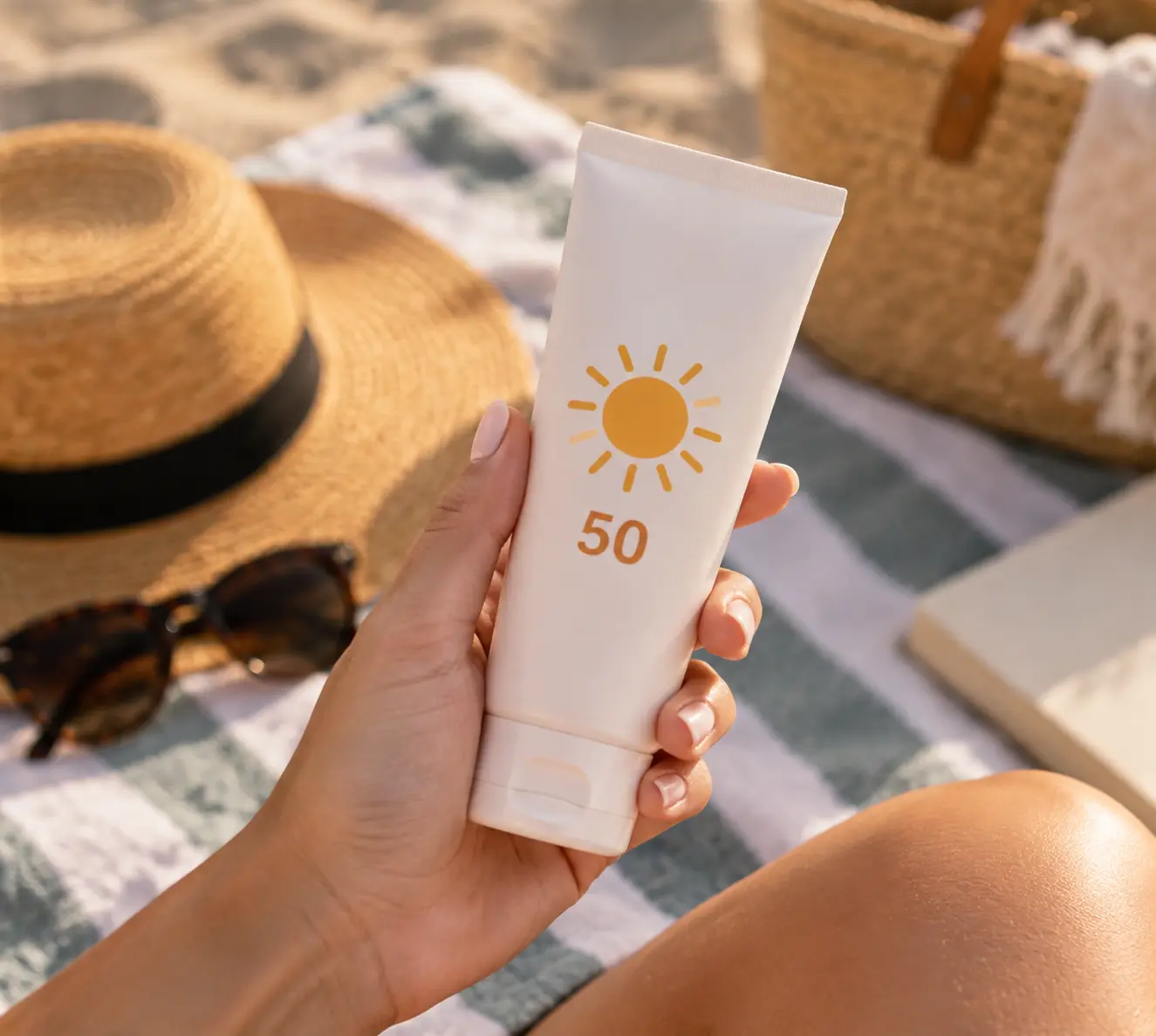 Солнцезащитный крем SPF 50 и пляжные принадлежности Женская рука сжимает тюбик солнцезащитного крема SPF 50 на фоне разложенных пляжных принадлежностей перед летним отпуском