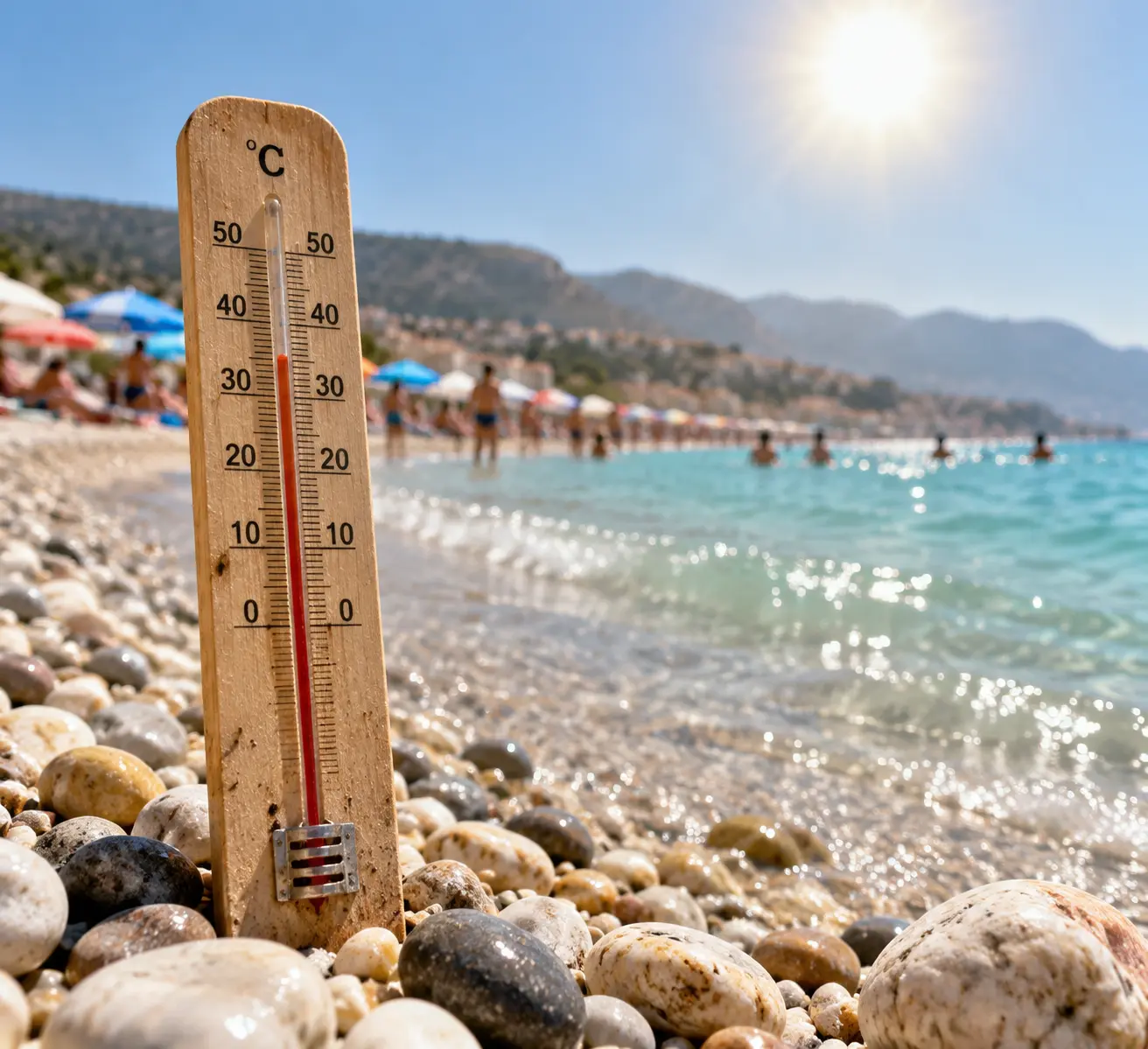 Термометр на пляже в центре Сочи в июле показывает +29 °C в тени, а вода у берега прогрелась до +26 °C к середине месяца.