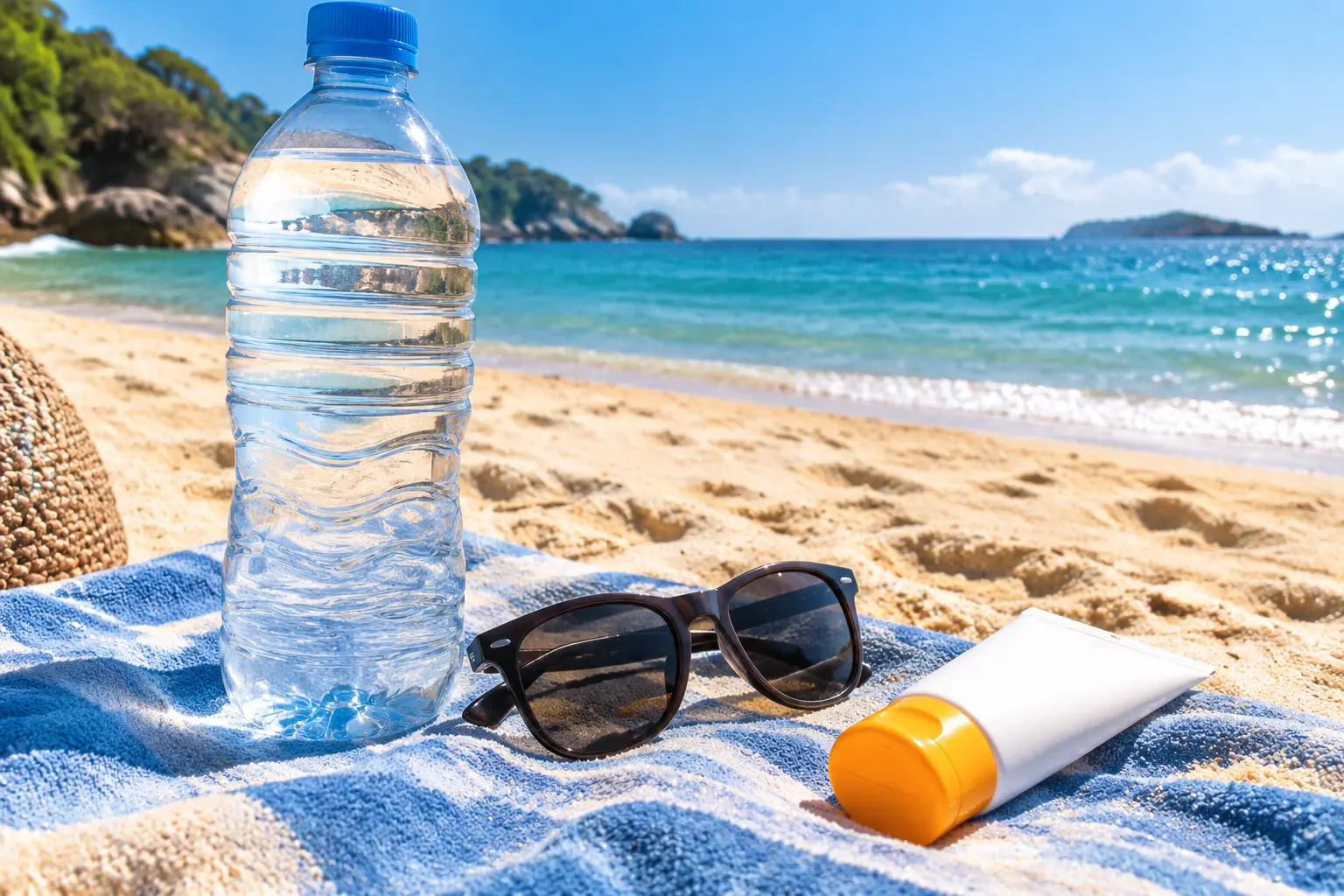Бутылка воды объёмом 1,5 литра, солнцезащитные очки и тюбик SPF 50 лежат рядом с пляжным полотенцем у моря в жаркий полдень
